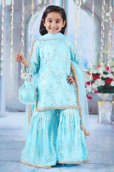 Little Bansi Blue Kurta Cotton And Georgette Embroidered Floral Irish Thread Work Sharara Set 