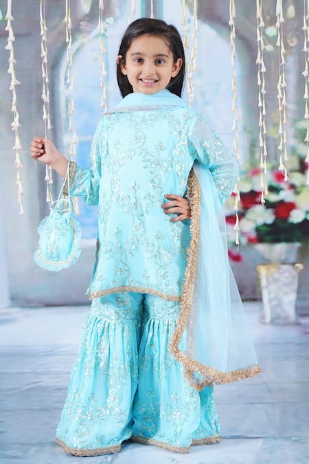 Little Bansi_Blue Cotton, Georgette, Net Embroidery, Irish Thread Work Kurta Sharara Set _Online_at_Aza_Fashions