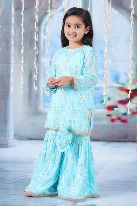 Buy_Little Bansi_Blue Cotton, Georgette, Net Embroidery, Irish Thread Work Kurta Sharara Set _Online_at_Aza_Fashions