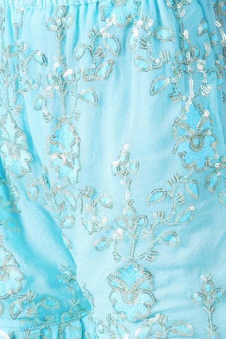 Shop_Little Bansi_Blue Cotton, Georgette, Net Embroidery, Irish Thread Work Kurta Sharara Set _Online_at_Aza_Fashions