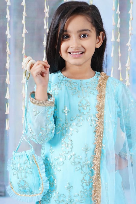 Buy_Little Bansi_Blue Cotton, Georgette, Net Embroidery, Irish Thread Work Kurta Sharara Set 