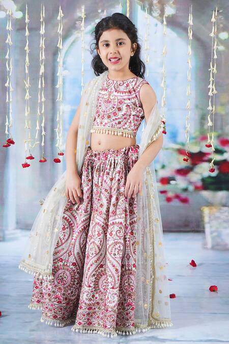 Little Bansi_Cream Cotton, Net, Georgette Pearls, Lace, Floral Mughal Pattern Lehenga Set _Online_at_Aza_Fashions