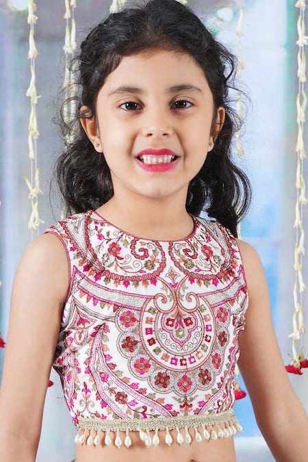 Buy_Little Bansi_Cream Cotton, Net, Georgette Pearls, Lace, Floral Mughal Pattern Lehenga Set _Online_at_Aza_Fashions