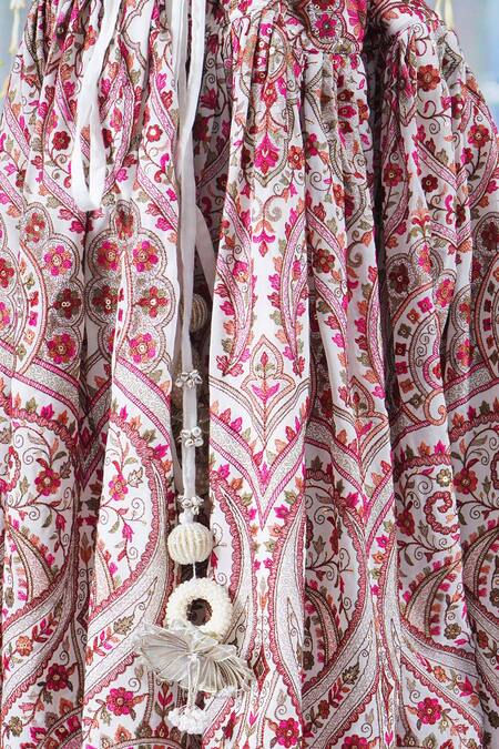 Shop_Little Bansi_Cream Cotton, Net, Georgette Pearls, Lace, Floral Mughal Pattern Lehenga Set _Online_at_Aza_Fashions