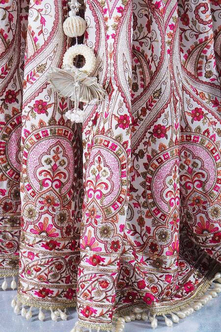 Little Bansi_Cream Cotton, Net, Georgette Pearls, Lace, Floral Mughal Pattern Lehenga Set _at_Aza_Fashions