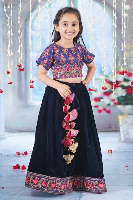 Little Bansi_Blue Silk, Velvet, Viscose Bageecha Floral Thread Work Blouse Lehenga Set _Online_at_Aza_Fashions