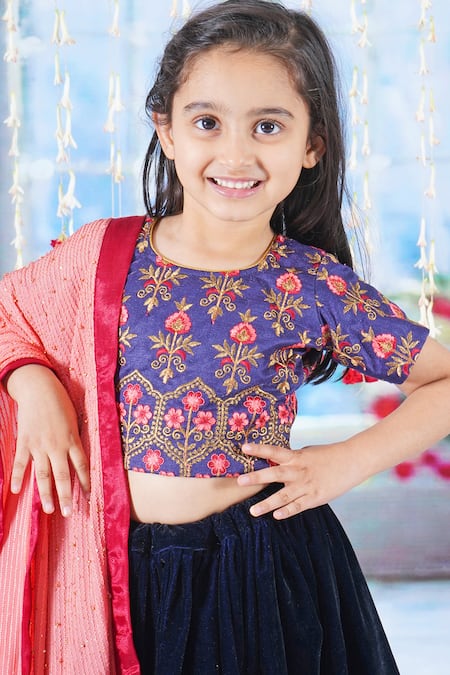 Buy_Little Bansi_Blue Silk, Velvet, Viscose Bageecha Floral Thread Work Blouse Lehenga Set _Online_at_Aza_Fashions