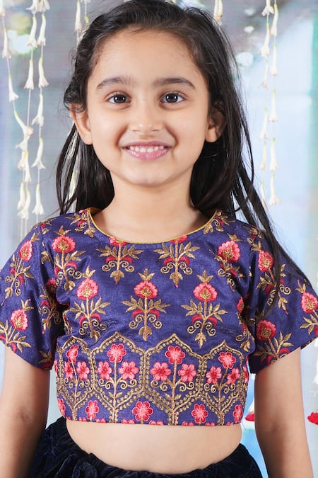 Shop_Little Bansi_Blue Silk, Velvet, Viscose Bageecha Floral Thread Work Blouse Lehenga Set _Online_at_Aza_Fashions