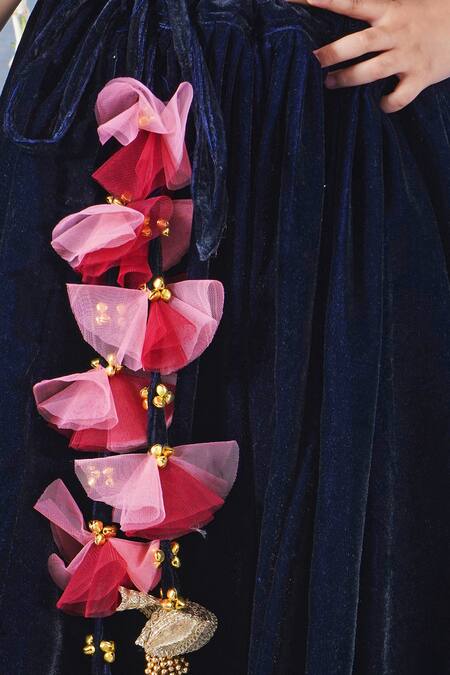 Little Bansi_Blue Silk, Velvet, Viscose Bageecha Floral Thread Work Blouse Lehenga Set _at_Aza_Fashions