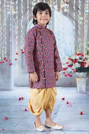 Little Bansi_Blue Cotton, Silk Bageecha Floral Thread Work Angarkha Sherwani Dhoti Set _Online_at_Aza_Fashions