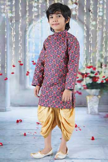 Buy_Little Bansi_Blue Cotton, Silk Bageecha Floral Thread Work Angarkha Sherwani Dhoti Set _Online_at_Aza_Fashions