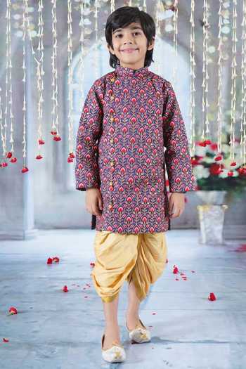 Shop_Little Bansi_Blue Cotton, Silk Bageecha Floral Thread Work Angarkha Sherwani Dhoti Set _Online_at_Aza_Fashions