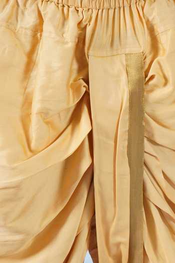 Little Bansi_Blue Cotton, Silk Bageecha Floral Thread Work Angarkha Sherwani Dhoti Set _at_Aza_Fashions