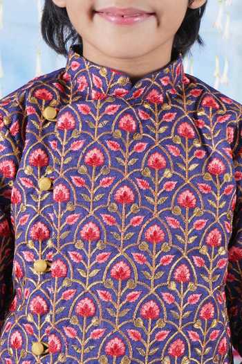 Buy_Little Bansi_Blue Cotton, Silk Bageecha Floral Thread Work Angarkha Sherwani Dhoti Set 