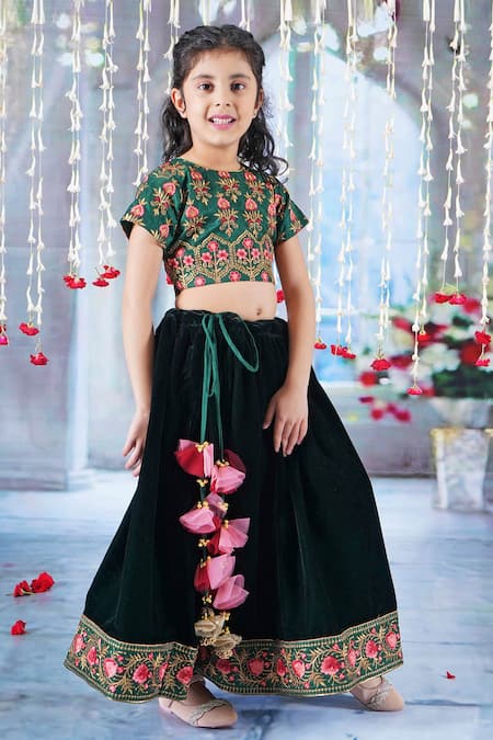 Little Bansi_Green Silk, Velvet, Viscose Embroidery, Bageecha Floral Thread Work Lehenga Set _Online_at_Aza_Fashions