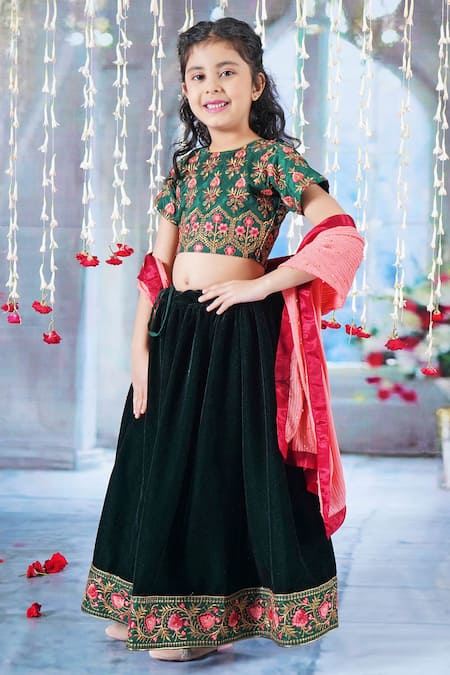 Buy_Little Bansi_Green Silk, Velvet, Viscose Embroidery, Bageecha Floral Thread Work Lehenga Set _Online_at_Aza_Fashions