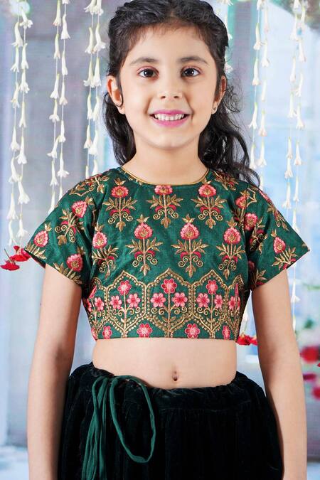 Little Bansi_Green Silk, Velvet, Viscose Embroidery, Bageecha Floral Thread Work Lehenga Set _at_Aza_Fashions