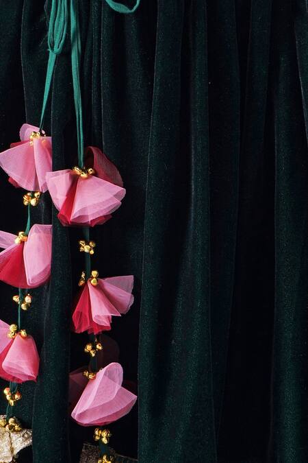 Buy_Little Bansi_Green Silk, Velvet, Viscose Embroidery, Bageecha Floral Thread Work Lehenga Set 