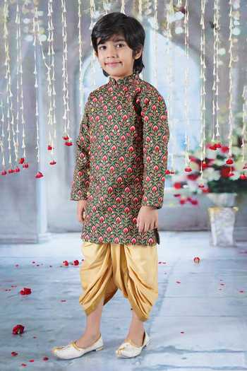 Little Bansi_Green Silk, Cotton Embroidery Bageecha Floral Thread Work Angarkha Dhoti Set _Online_at_Aza_Fashions