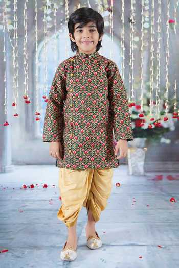 Buy_Little Bansi_Green Silk, Cotton Embroidery Bageecha Floral Thread Work Angarkha Dhoti Set _Online_at_Aza_Fashions