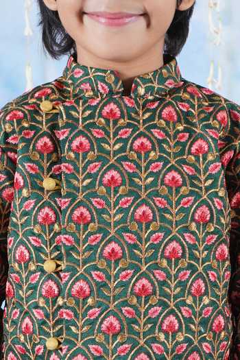 Little Bansi_Green Silk, Cotton Embroidery Bageecha Floral Thread Work Angarkha Dhoti Set _at_Aza_Fashions