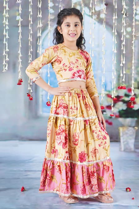 Little Bansi_Yellow Cotton, Silk, Net Lace, Embroidery, Rose Print Panel Lehenga Blouse Set _Online_at_Aza_Fashions