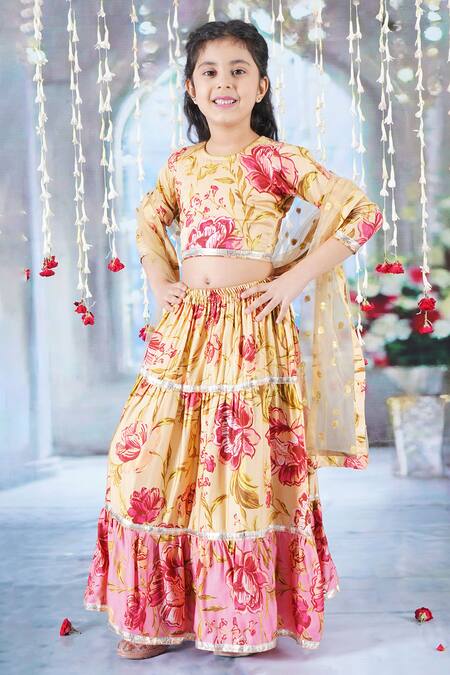 Buy_Little Bansi_Yellow Cotton, Silk, Net Lace, Embroidery, Rose Print Panel Lehenga Blouse Set _Online_at_Aza_Fashions