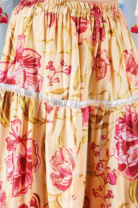 Shop_Little Bansi_Yellow Cotton, Silk, Net Lace, Embroidery, Rose Print Panel Lehenga Blouse Set _Online_at_Aza_Fashions