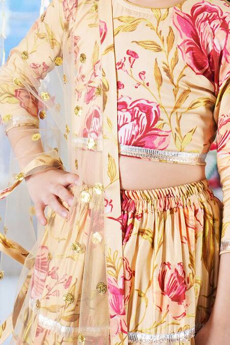 Little Bansi_Yellow Cotton, Silk, Net Lace, Embroidery, Rose Print Panel Lehenga Blouse Set _at_Aza_Fashions