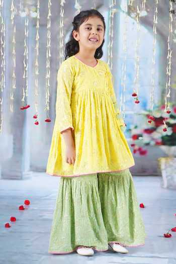 Little Bansi_Yellow Cotton, Georgette Embroidery, Sequins, Tassels Floral Angrakha Kurta Set _Online_at_Aza_Fashions