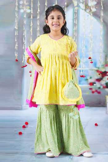 Buy_Little Bansi_Yellow Cotton, Georgette Embroidery, Sequins, Tassels Floral Angrakha Kurta Set _Online_at_Aza_Fashions