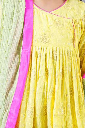 Shop_Little Bansi_Yellow Cotton, Georgette Embroidery, Sequins, Tassels Floral Angrakha Kurta Set _Online_at_Aza_Fashions
