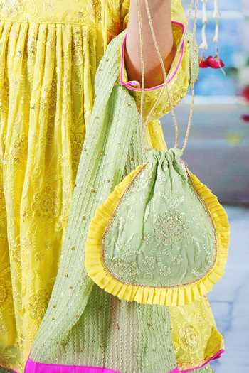 Little Bansi_Yellow Cotton, Georgette Embroidery, Sequins, Tassels Floral Angrakha Kurta Set _at_Aza_Fashions