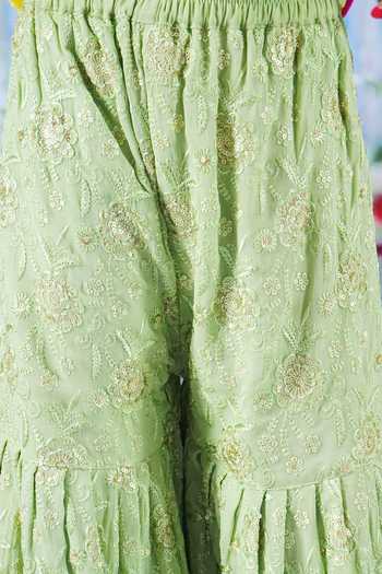 Buy_Little Bansi_Yellow Cotton, Georgette Embroidery, Sequins, Tassels Floral Angrakha Kurta Set 