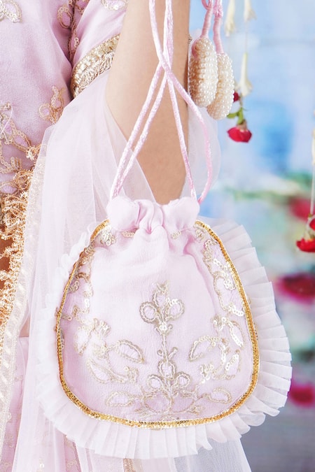 Little Bansi_Pink Cotton, Viscose, Net Embroidery, Sequins, Floral Irish Blouse Lehenga Set _Online_at_Aza_Fashions