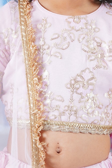 Buy_Little Bansi_Pink Cotton, Viscose, Net Embroidery, Sequins, Floral Irish Blouse Lehenga Set _Online_at_Aza_Fashions
