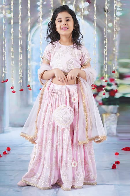 Shop_Little Bansi_Pink Cotton, Viscose, Net Embroidery, Sequins, Floral Irish Blouse Lehenga Set _Online_at_Aza_Fashions