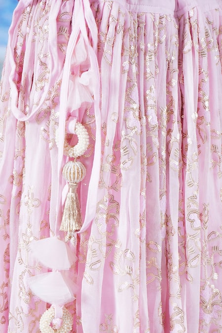 Little Bansi_Pink Cotton, Viscose, Net Embroidery, Sequins, Floral Irish Blouse Lehenga Set _at_Aza_Fashions