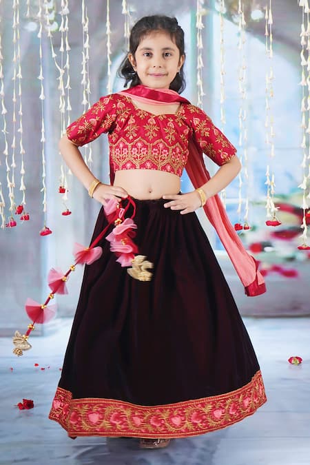 Little Bansi_Red Silk, Velvet, Viscose Embroidery, Bageecha Thread Blouse Lehenga Set _Online_at_Aza_Fashions