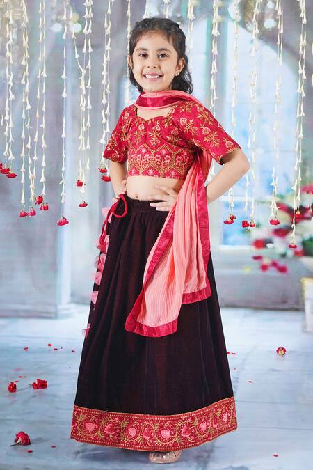 Buy_Little Bansi_Red Silk, Velvet, Viscose Embroidery, Bageecha Thread Blouse Lehenga Set _Online_at_Aza_Fashions
