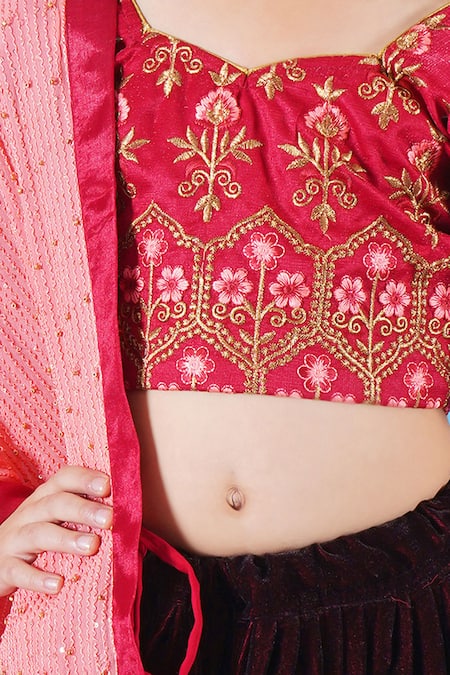 Shop_Little Bansi_Red Silk, Velvet, Viscose Embroidery, Bageecha Thread Blouse Lehenga Set _Online_at_Aza_Fashions