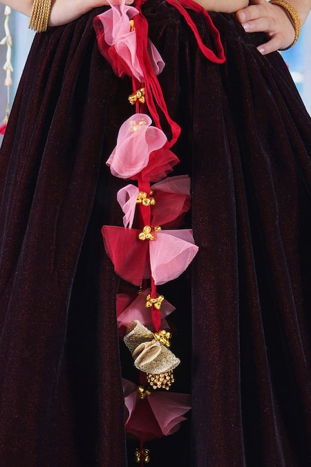 Little Bansi_Red Silk, Velvet, Viscose Embroidery, Bageecha Thread Blouse Lehenga Set _at_Aza_Fashions