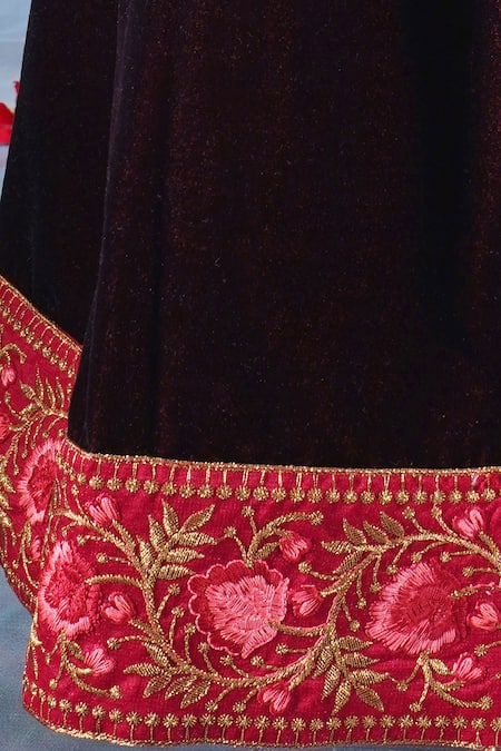 Buy_Little Bansi_Red Silk, Velvet, Viscose Embroidery, Bageecha Thread Blouse Lehenga Set 