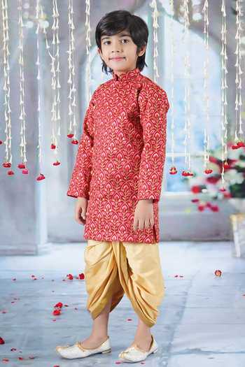 Little Bansi_Red Cotton, Silk Embroidery Bageecha Floral Thread Work Angarkha Sherwani Set _Online_at_Aza_Fashions