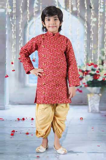 Buy_Little Bansi_Red Cotton, Silk Embroidery Bageecha Floral Thread Work Angarkha Sherwani Set _Online_at_Aza_Fashions