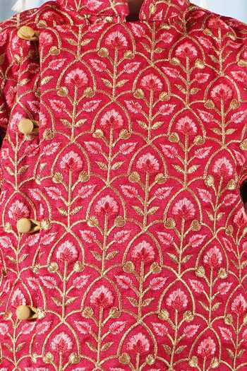 Little Bansi_Red Cotton, Silk Embroidery Bageecha Floral Thread Work Angarkha Sherwani Set _at_Aza_Fashions
