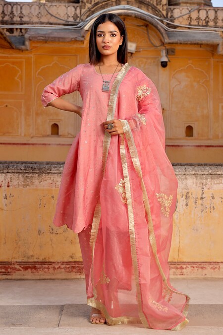 ASRUMO Pink Kurta And Pant Chanderi Embroidered Mukaish Round Set 