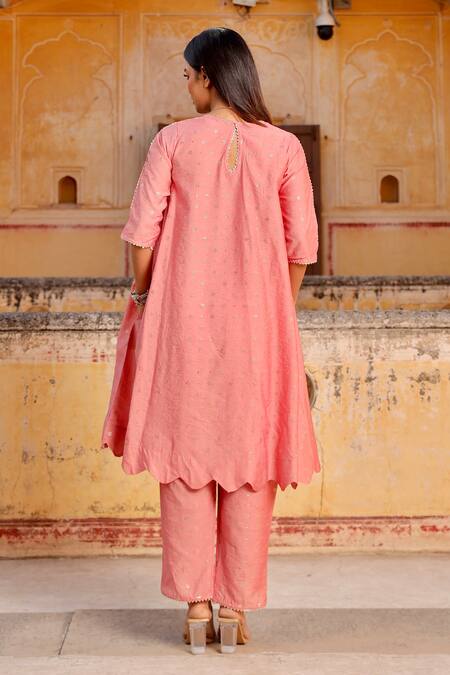 Shop_ASRUMO_Pink Chanderi, Organza, Cotton Embroidery, Lace, Mirrors Mukaish Kurta Set_at_Aza_Fashions