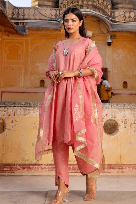 ASRUMO_Pink Chanderi, Organza, Cotton Embroidery, Lace, Mirrors Mukaish Kurta Set_Online_at_Aza_Fashions