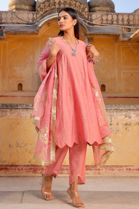 Buy_ASRUMO_Pink Chanderi, Organza, Cotton Embroidery, Lace, Mirrors Mukaish Kurta Set_Online_at_Aza_Fashions